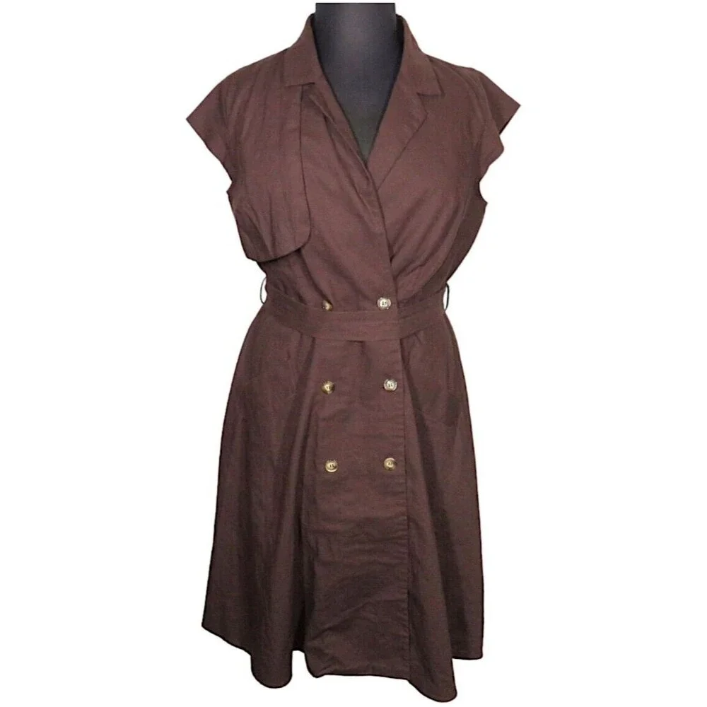 City Chic Women's Brown Linen Blend Button Front Belted Dress Plus Size 18 - Picture 1 of 12